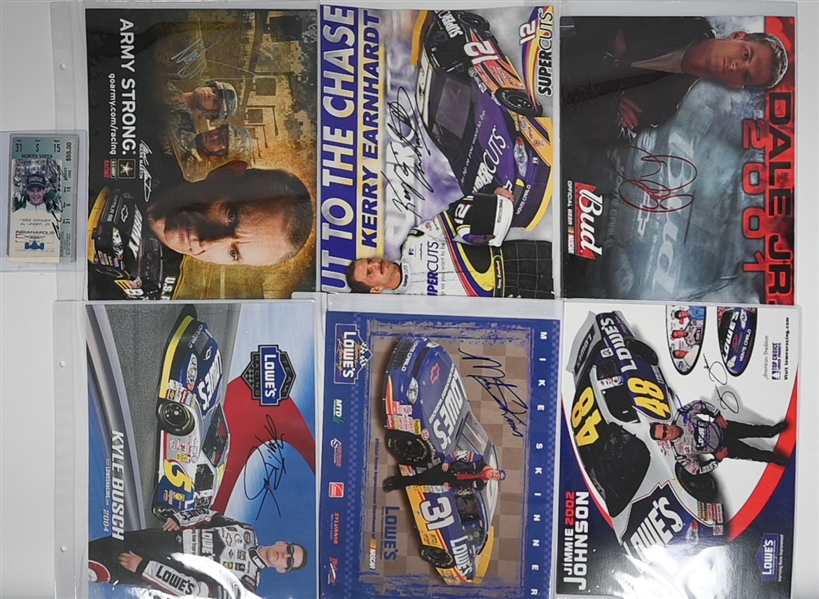 (11) NASCAR Autographed Items Inc. PayDay Mini Helmet (Kevin Harvick), 3 Hats (Michael Waltrip, Bobby LaBonte, Rusty Wallace), Al Unser Ticket Stub, (6) Large Photo Cards (Dale Earnhardt Jr., Kyle...