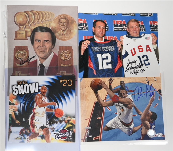 (14) Basketball Autographs w. Magic Johnson Signed Lakers Pen Box (PSA/DNA), 2 Floor Boards (Delle Donn & Iguoldala), & 12 Photos (Crum, 2 Coangelo, 2 Lin, Delle Donn,  3 Iguoldala, Snow,  Jalen...