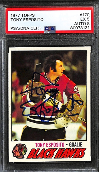 Lot of (7) PSA DNA Authentic 1970s Topps Hockey Autographs inc. 1977-78 Tony Esposito (PSA 5) (8 Auto), 1977-78 Denis Potvin (PSA 6) (7 Auto), +