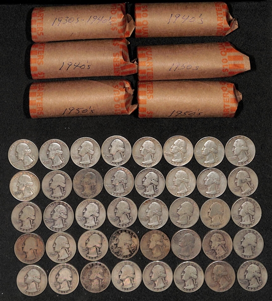 Lot of (7) Rolls of US Washington Silver Quarters from 1930s-1950s
