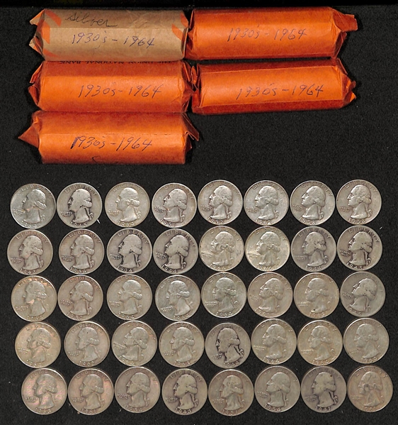Lot of (6) Rolls of US Washington Silver Quarters from 1930s-1964