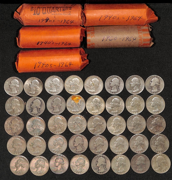 Lot of (6) Rolls of US Washington Silver Quarters from 1940s-1964