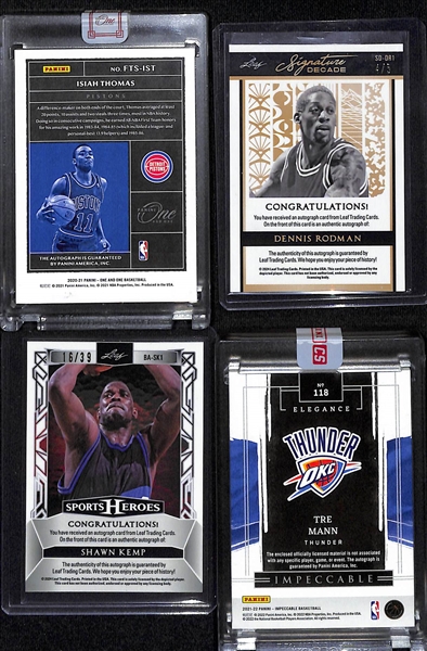 Lot of (4) Basketball Autograph Cards inc. 2020-21 Panini One Isiah Thomas (#/75), 2024 Leaf Sports Heroes Dennis Rodman (#/5),+