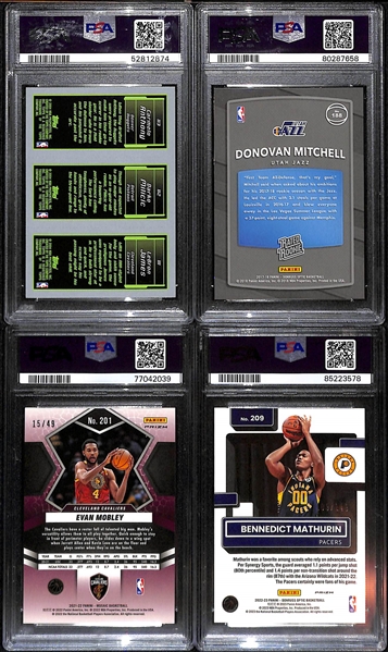 Lot of (4) PSA Graded Basketball Rookie Cards inc. 2003-04 Topps Rookie Matrix LeBron James/Milcic/Carmelo Anthony (PSA 9), 2017-18 Donruss Optic Donovan Mitchell Shock (PSA 10), +