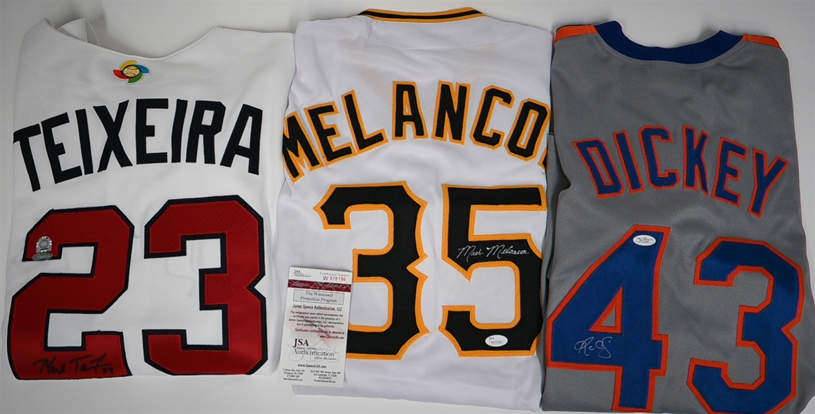(3) Signed Baseball Jerseys - RA Dickey (Mets - JSA Sticker), Mark Teixeira (USA World Baseball Classic - MLB Sticker) & Mark Melancon (Pirates - JSA COA)