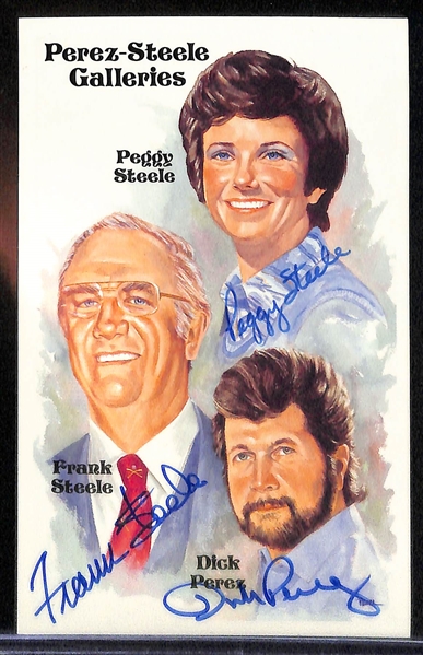 Leroy Neiman Signed FDC (PSA/DNA Slabbed), & (2) Perez-Steele Postcards Signed by Dick Perez, Frank Steele, & Peggy Steele (One PSA/DNA Slabbed, One JSA COA)
