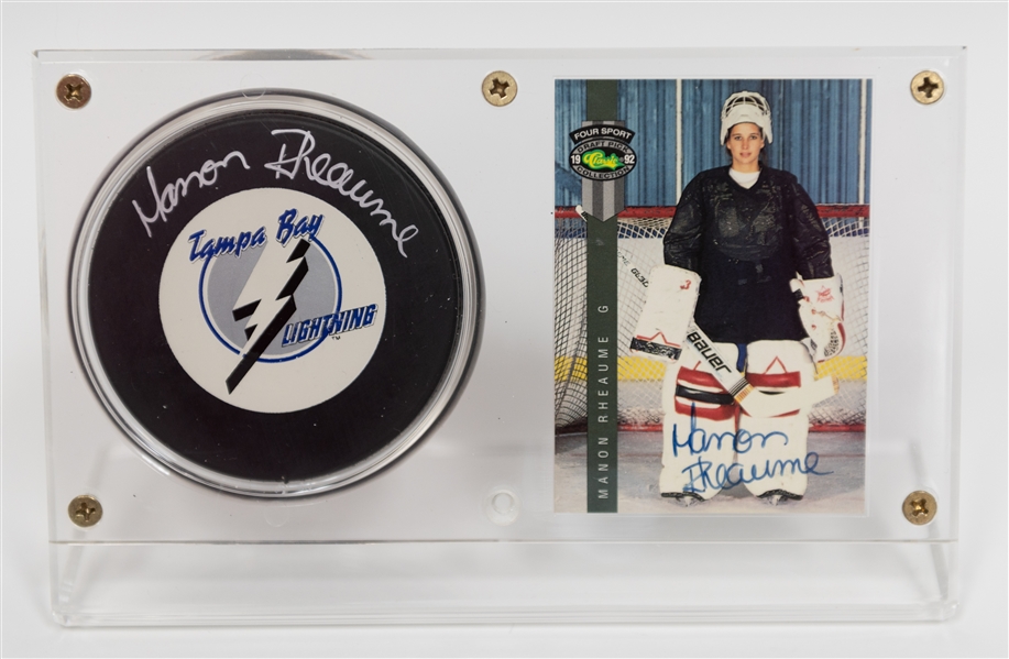 Hockey Autograph Lot (6) Pucks (w. Manon Rheaume, Marian Hossa, Joe Sakic, Eric Dejardins, Rob Blake, Olaf Kolzig) & Manon Rheaume Signed Card - JSA Auction Letter