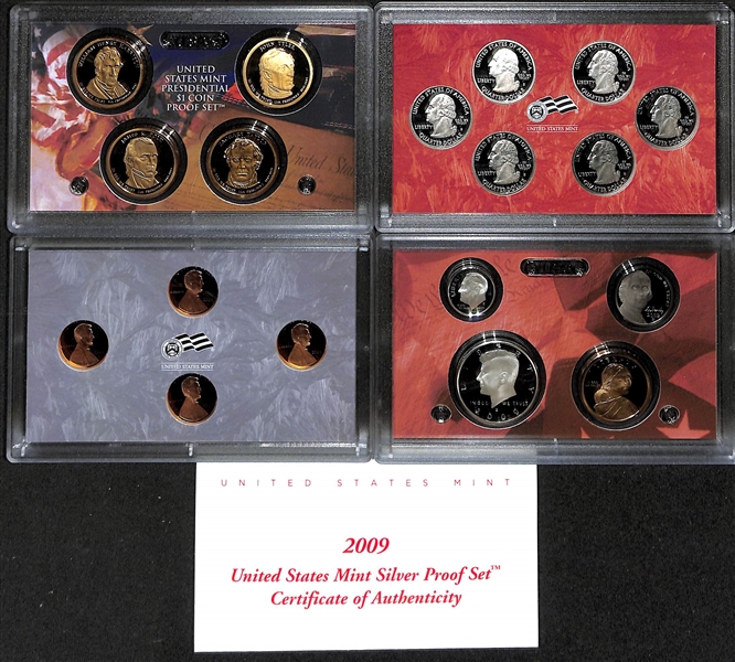  Lot of (9) Silver Proof Quarter Sets, (2) Silver Proof Sets (2005 & 2009), & (3) US Commemorative Silver Dollars - All (.999)