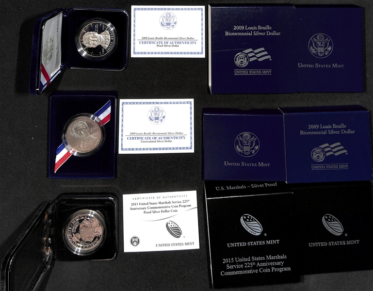  Lot of (9) Silver Proof Quarter Sets, (2) Silver Proof Sets (2005 & 2009), & (3) US Commemorative Silver Dollars - All (.999)