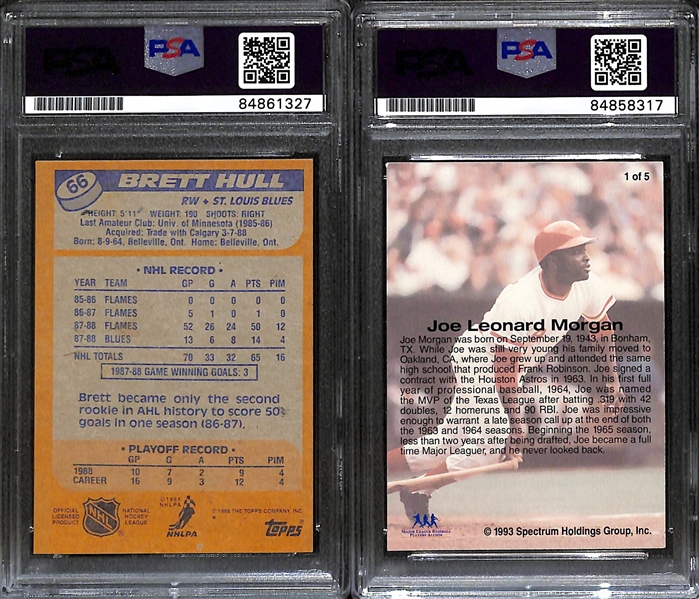 (2) PSA/Slabbed Autographed Cards - 1988 Topps Brett Hull Rookie (HOF 2009 Inscription) & Joe Morgan Baseball Card
