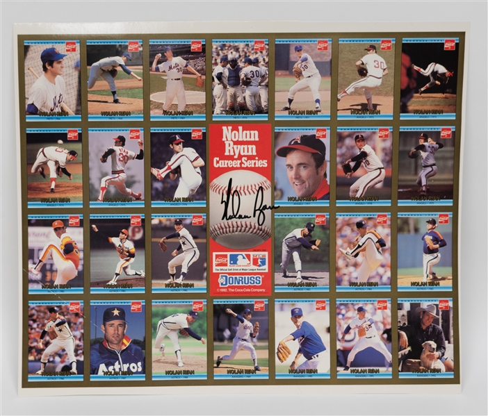 Autograph Lot - Nolan Ryan Signed Uncut Sheet (Donruss CocaCola Set), Marques Colston Signed 11x14, & 1995 College All-American Signed Newspaper Clipping (JSA Auction Letter)