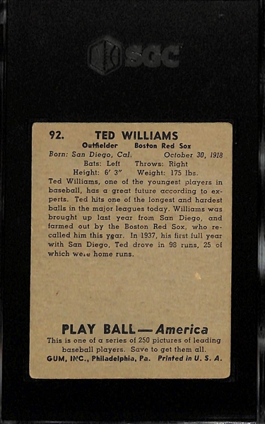 1939 Play Ball Ted Williams Rookie Card #92 Graded SGC 1 - The Card Presents Much Better Than the Grade