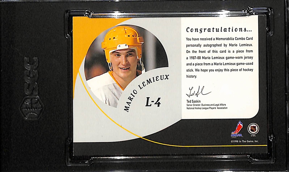 1998-99 Be A Player Mario Lemieux Playoff Legend Material Autograph Dual Patch Graded SGC 9 (10 Auto) 