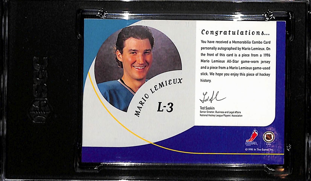 1998-99 Be A Player Mario Lemieux Playoff Legend Material Autograph Dual Patch Stick Graded SGC 8.5 (10 Auto)
