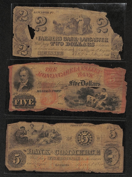Lot of (3) Pre-Civil War Bank Notes (2) $5 & (1) $2 - Famers Bank of Lancaster/Bank of Commerce/Mononcahela Valley Bank