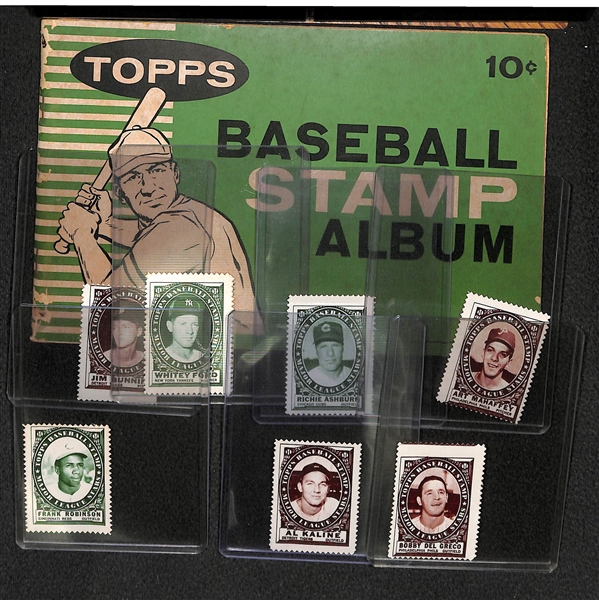 1961 Topps Baseball Stamp Album with 7 Stamps