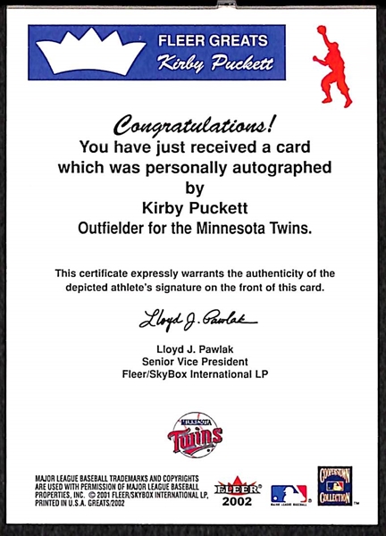 2001 Fleer Greats Kirby Puckett Certified On-Card Autograph Card