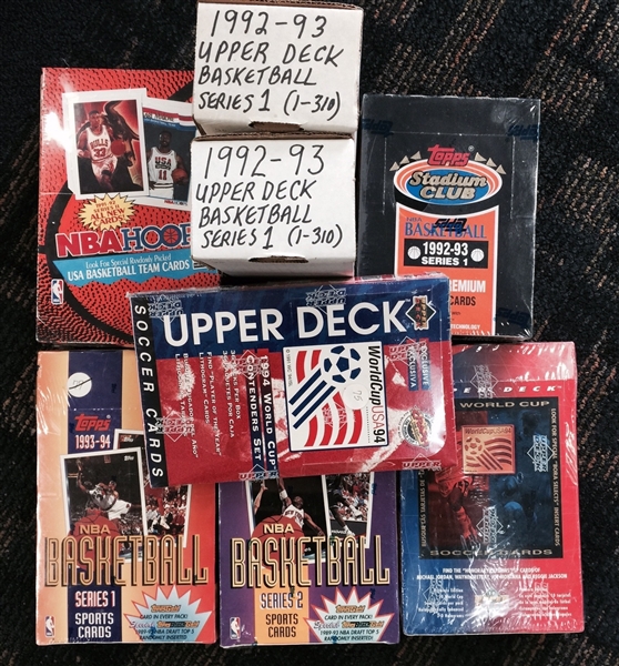 Lot of 6 Sealed Basketball & Soccer Wax Boxes and 2 Basketball Sets