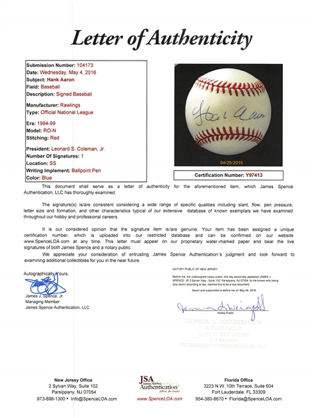 Hank Aaron Signed National League Baseball - JSA