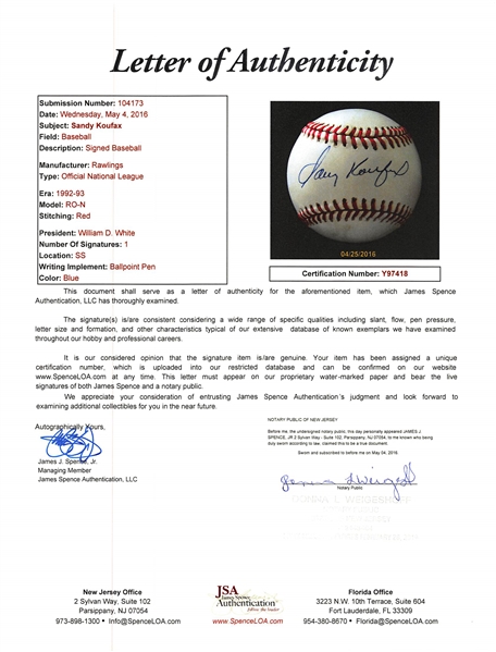 Sandy Koufax Signed Official N.L. Baseball - JSA