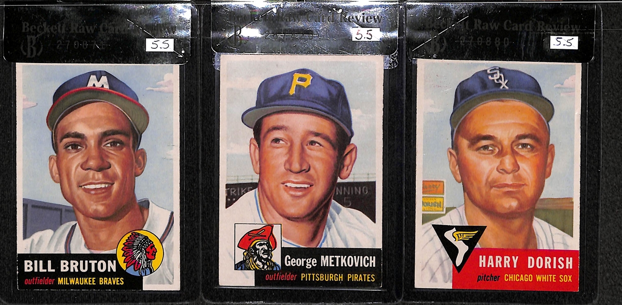 Lot of 5 - 1953 Topps Gil McDougald #43, Billy Hitchcock #17, Harry Dorish #145, George Metkovich #58, & Bill Bruton #214 RC - All BVG 5.5