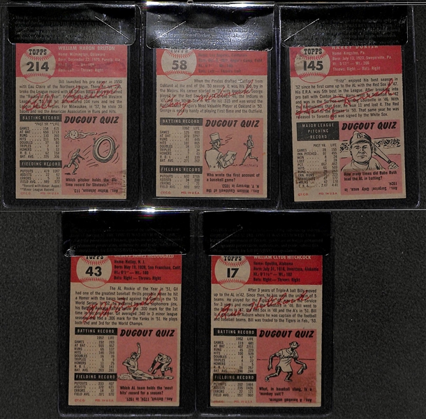 Lot of 5 - 1953 Topps Gil McDougald #43, Billy Hitchcock #17, Harry Dorish #145, George Metkovich #58, & Bill Bruton #214 RC - All BVG 5.5