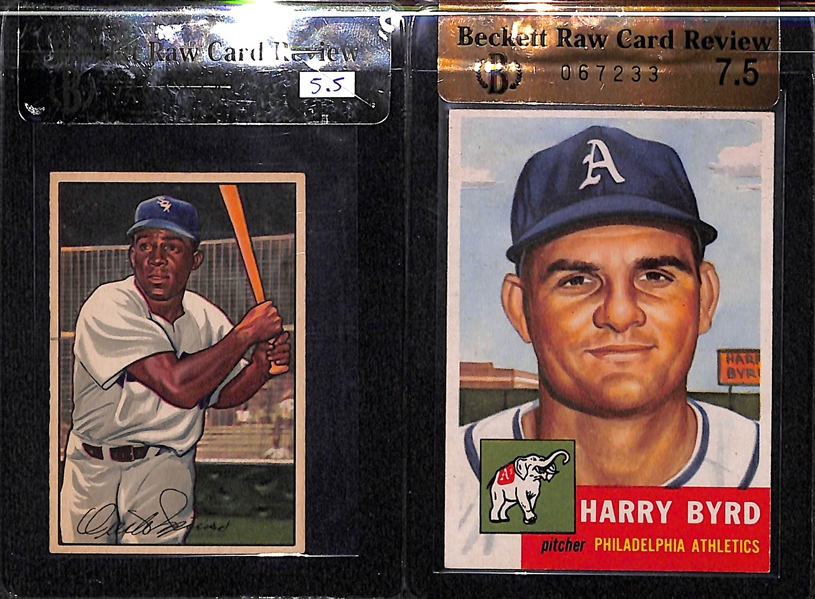 Lot of 2 Graded 1950s Baseball Cards - 1952 Bowman Minoso RC & 1953 Topps Harry Byrd - BVG 5.5, 7.5.