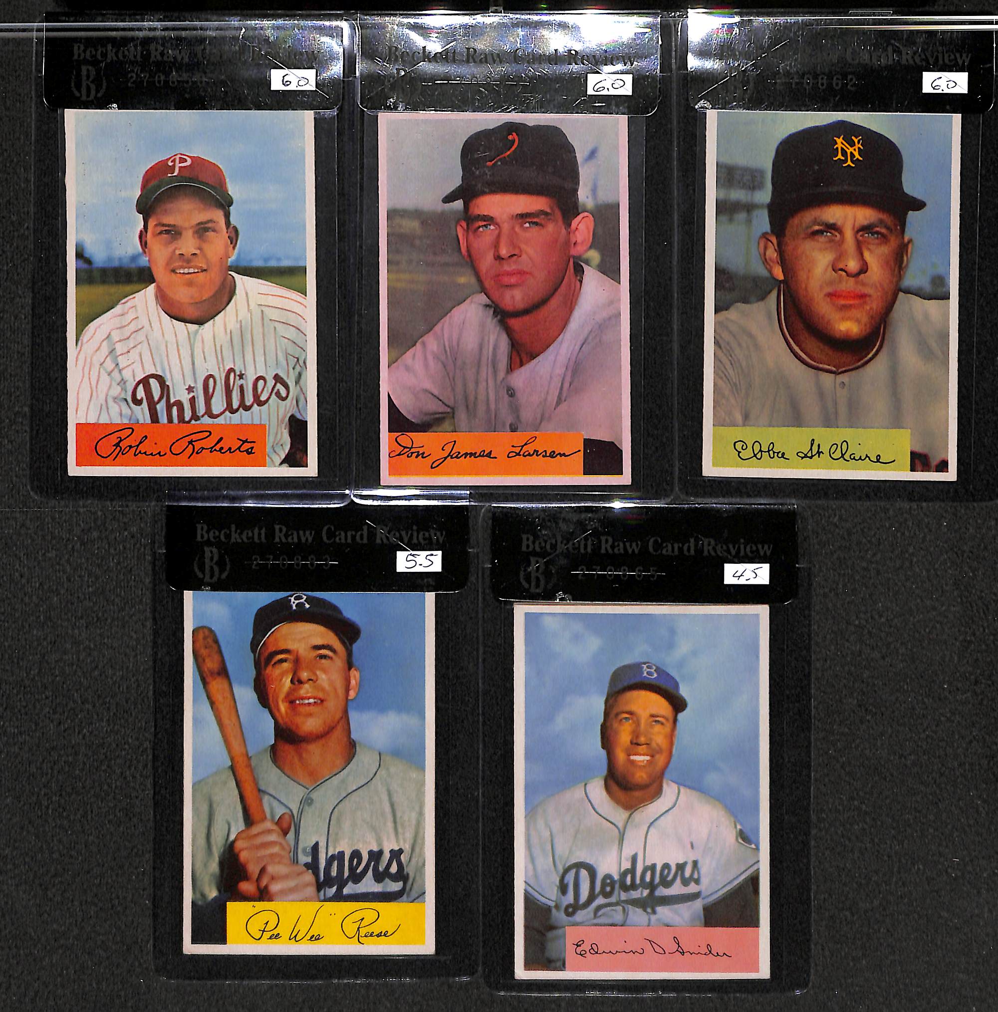 Lot Detail - Lot of 5 - 1954 Bowman Robin Roberts #95, Don Larsen #101 ...