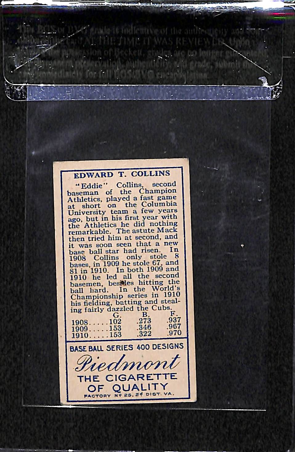 Lot Detail - 1911 T205 Edward Collins - Mouth Closed - Piedmont Back ...