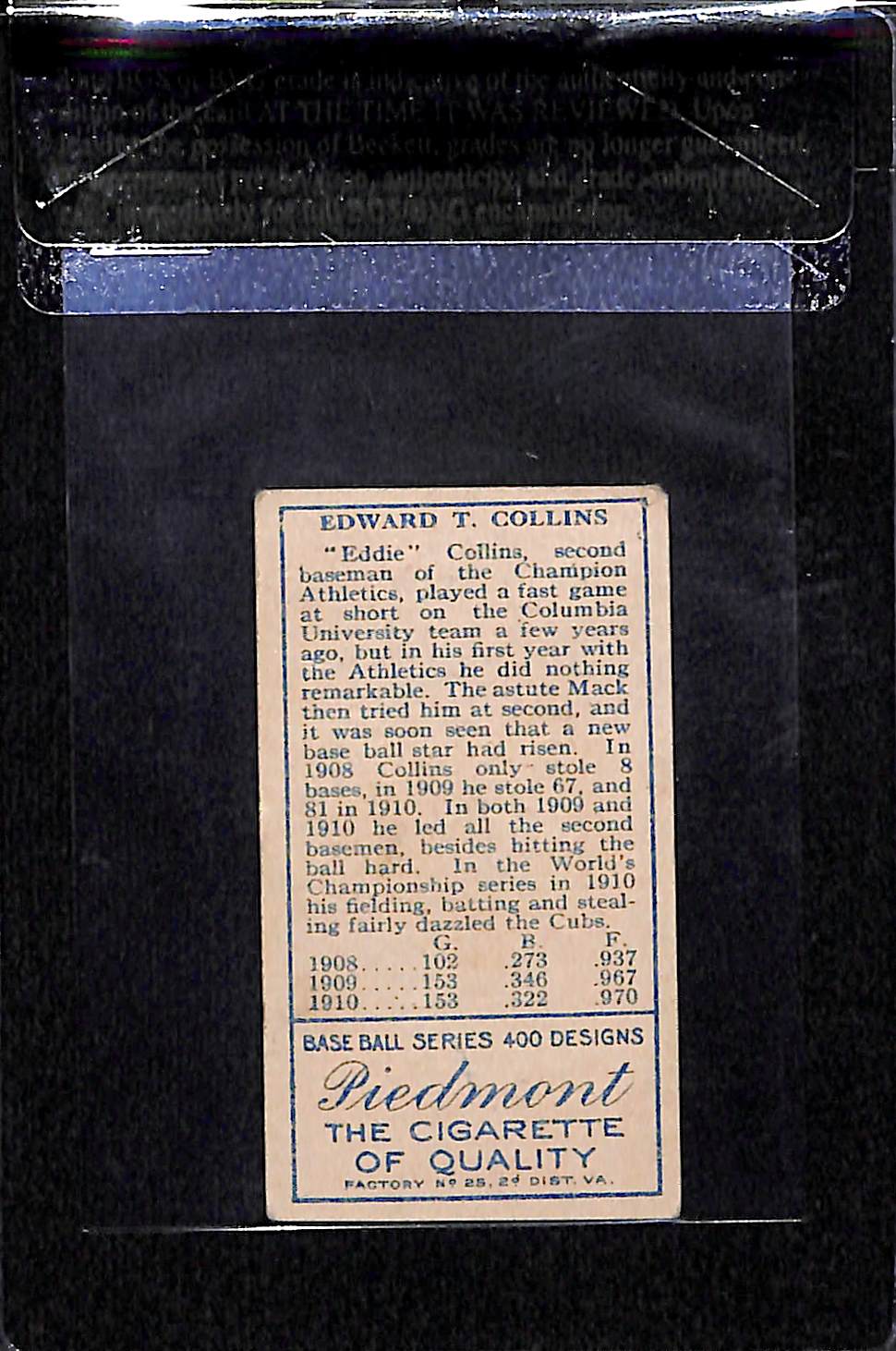 Lot Detail - 1911 T205 Edward Collins - Mouth Closed - Piedmont Back ...