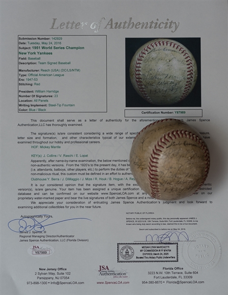 1951 New York Yankees World Series Team Signed Baseball - JSA LOA