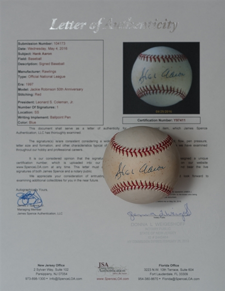 Hank Aaron Signed National League Baseball - JSA