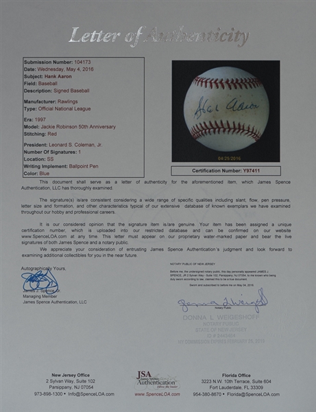 Hank Aaron Signed National League Baseball - JSA