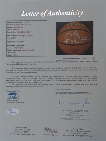 Kobe Bryant Signed & Inscribed Rawlings Basketball  - JSA