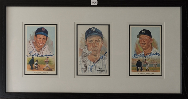 Three Framed Signed Perez Cards of Williams, DiMaggio and Mantle