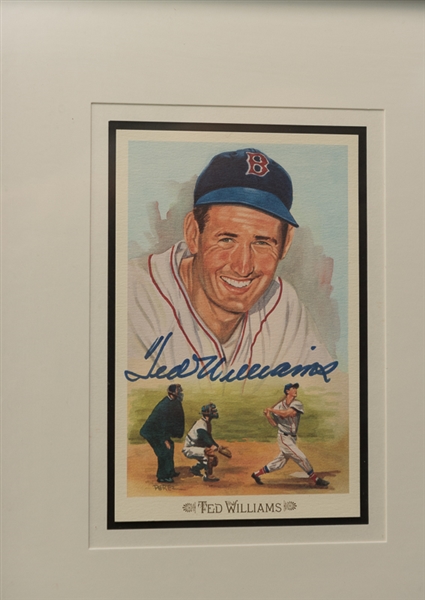 Three Framed Signed Perez Cards of Williams, DiMaggio and Mantle