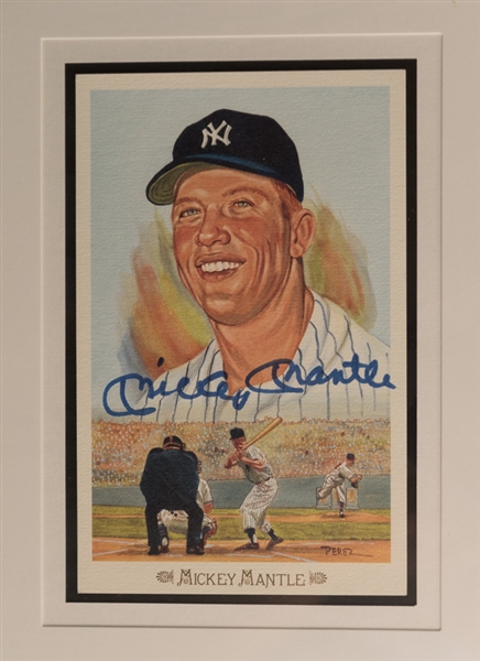 Three Framed Signed Perez Cards of Williams, DiMaggio and Mantle