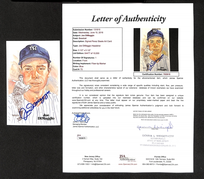 Joe DiMaggio Signed Perez Card - JSA