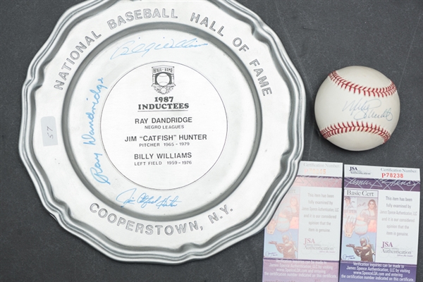 Lot of (2): One HOF Signed Plate (Dandridge, Hunter, Williams) and One Mike Schmidt Signed Baseball - JSA