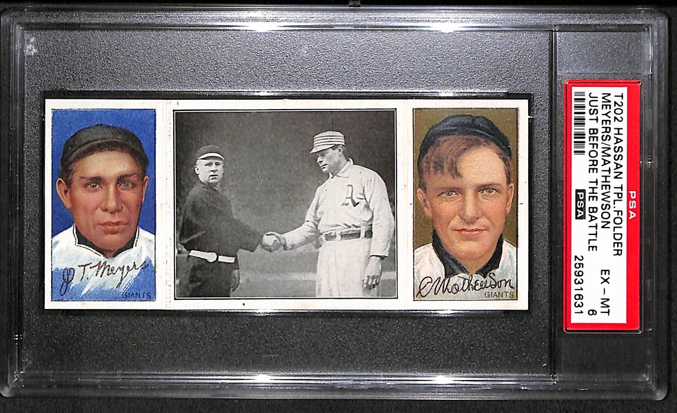 1912 T202 Hassan Triple Folder Meyers/Mathewson, Just Before the Battle - PSA 6