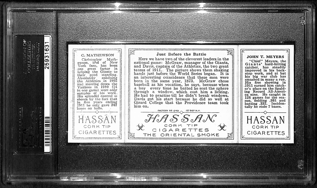 1912 T202 Hassan Triple Folder Meyers/Mathewson, Just Before the Battle - PSA 6