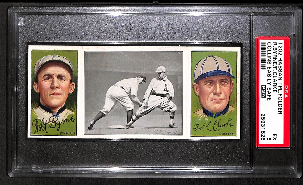 1912 T202 Hassan Triple Folder R.Byrne/F.Clarke, Collins Easily Safe - PSA 5