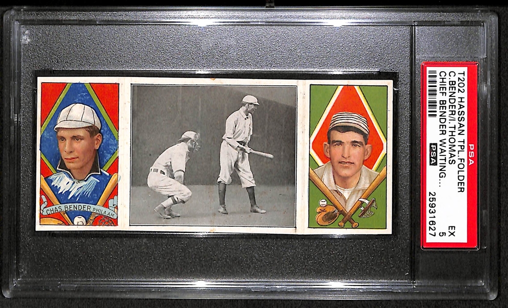 1912 T202 Hassan Triple Folder C.Bender/I.Thomas, Chief Bender Waiting... - PSA 5