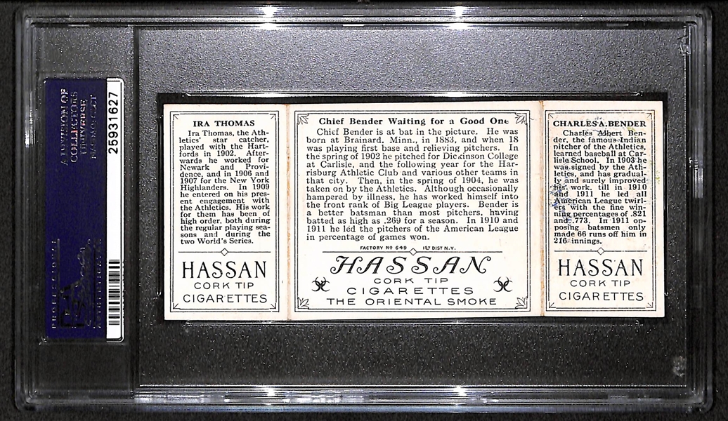 1912 T202 Hassan Triple Folder C.Bender/I.Thomas, Chief Bender Waiting... - PSA 5