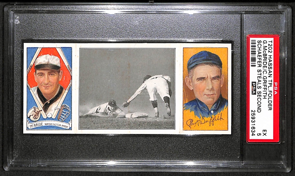 1912 T202 Hassan Triple Folder G.McBride/C.Griffith, Schaefer Steals Second - PSA 5