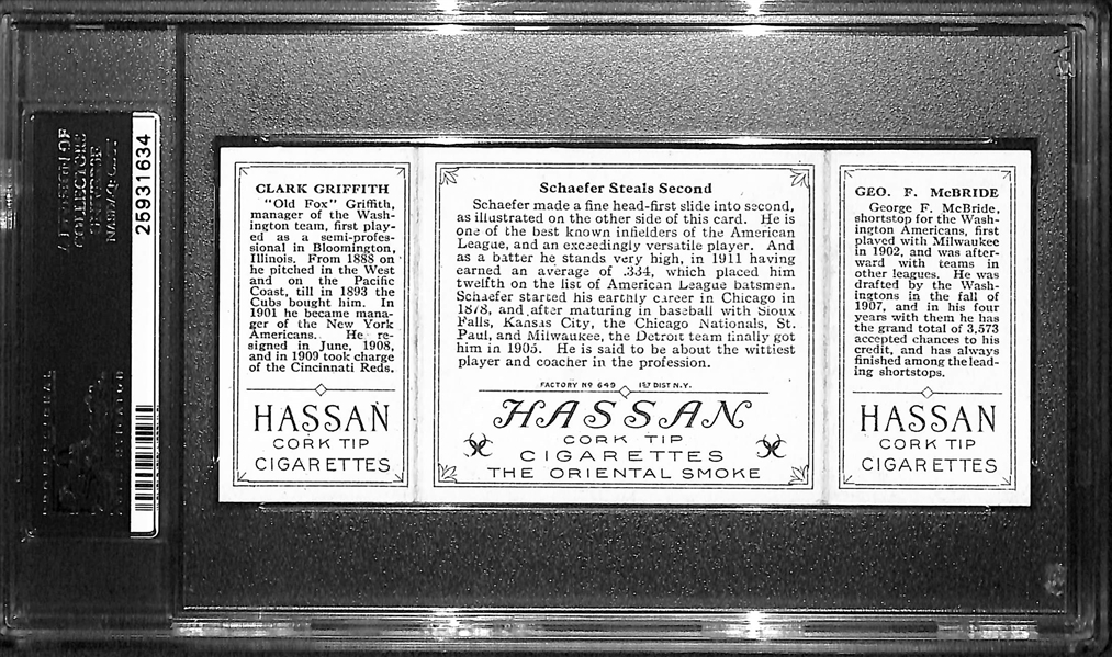 1912 T202 Hassan Triple Folder G.McBride/C.Griffith, Schaefer Steals Second - PSA 5