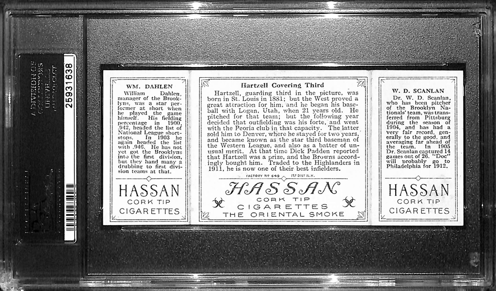 1912 T202 Hassan Triple Folder W.Scanlan/WM.Dahlen, Hartzell Covering Third - PSA 5