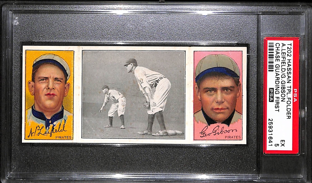 1912 T202 Hassan Triple Folder A.Leifield/G.Gibson, Chase Guarding First - PSA 5