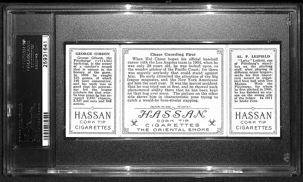 1912 T202 Hassan Triple Folder A.Leifield/G.Gibson, Chase Guarding First - PSA 5