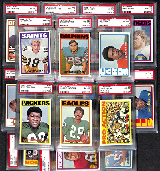 Lot of (17) 1972 Topps Football PSA Grade 8 Cards w. Hugo Hollas High #